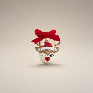 Betsey Johnson Large Reindeer Bow Brooch Pin Rhinestone Christmas NWT